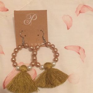 Rose Gold Beaded Hoops with a Yellow tassel.